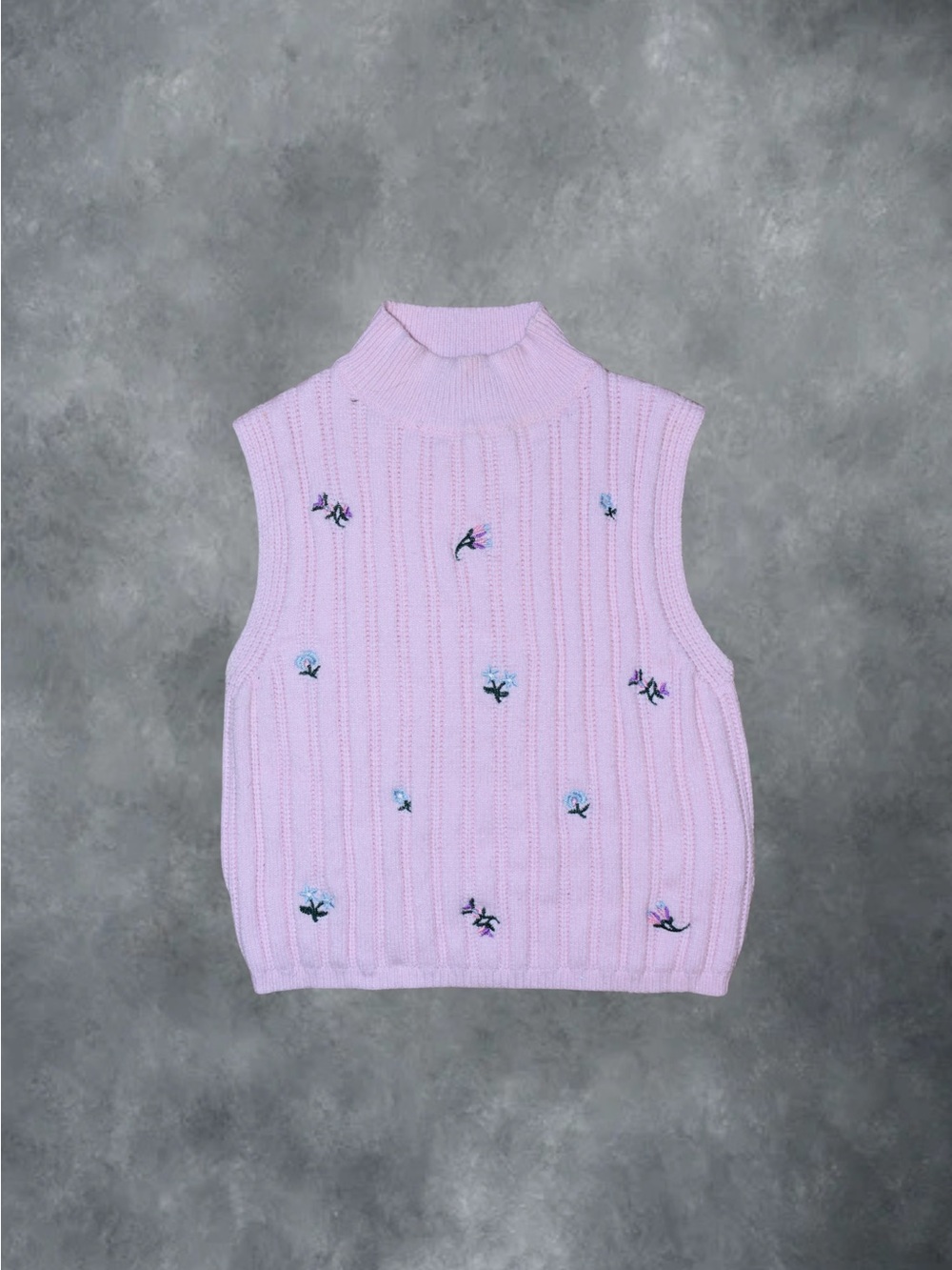 PrettyLittleThing Pink Ribbed Knit Floral Embroidered Sleeveless Sweater Vest